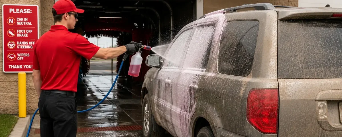 Car wash attendant applying pre-spray solution to a dirty vehicle before entering a drive in car wash tunnel