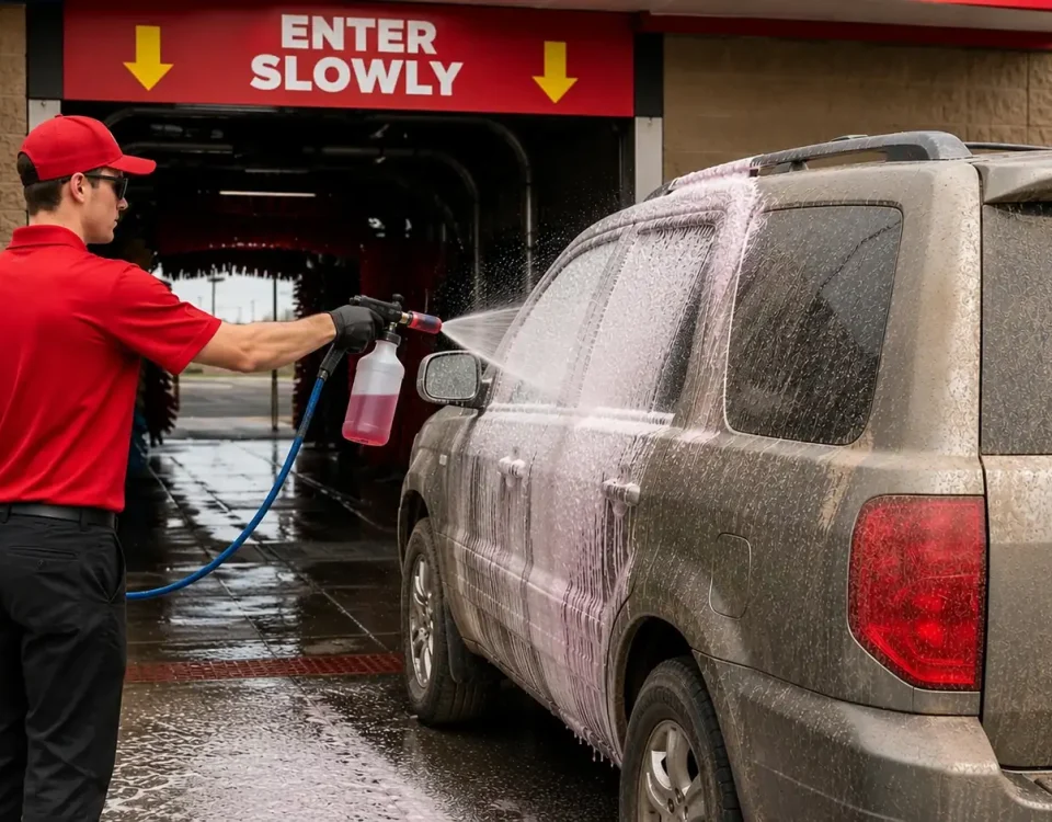 The Pre-Spray Secret: Why Some Drive In Car Washes Remove Tough Dirt Better Than Others 2 Car wash attendant applying pre-spray solution to a dirty vehicle before entering a drive in car wash tunnel