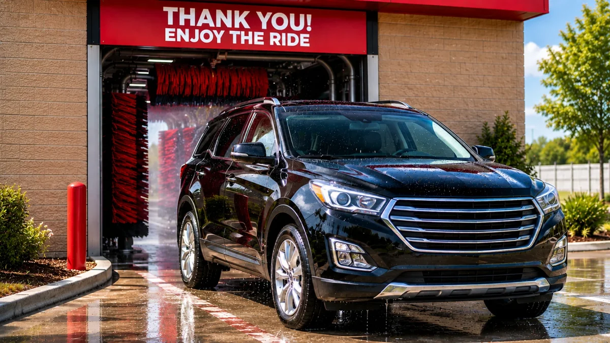 Shiny clean vehicle exiting a drive in car wash tunnel after professional pre-spray treatment and automated wash